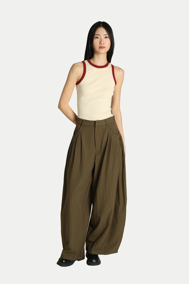 REIKO PLEATED CURVED TROUSERS IN OLIVE STRIPES