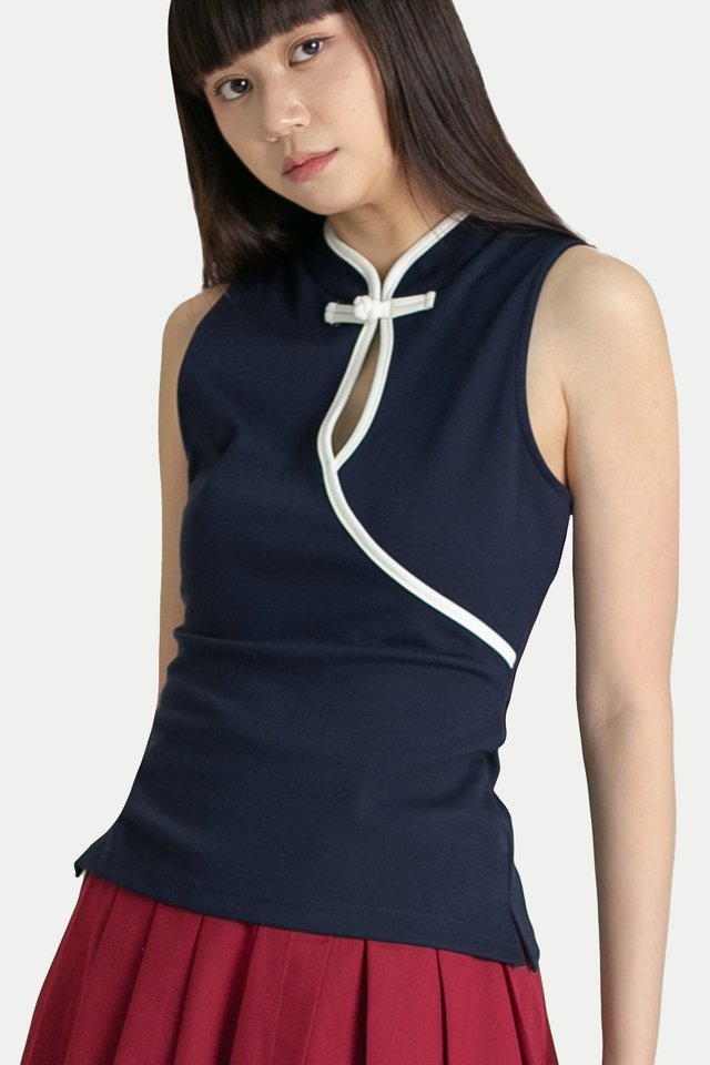 LOUELLA CHEONGSAM JERSEY TOP IN NAVY