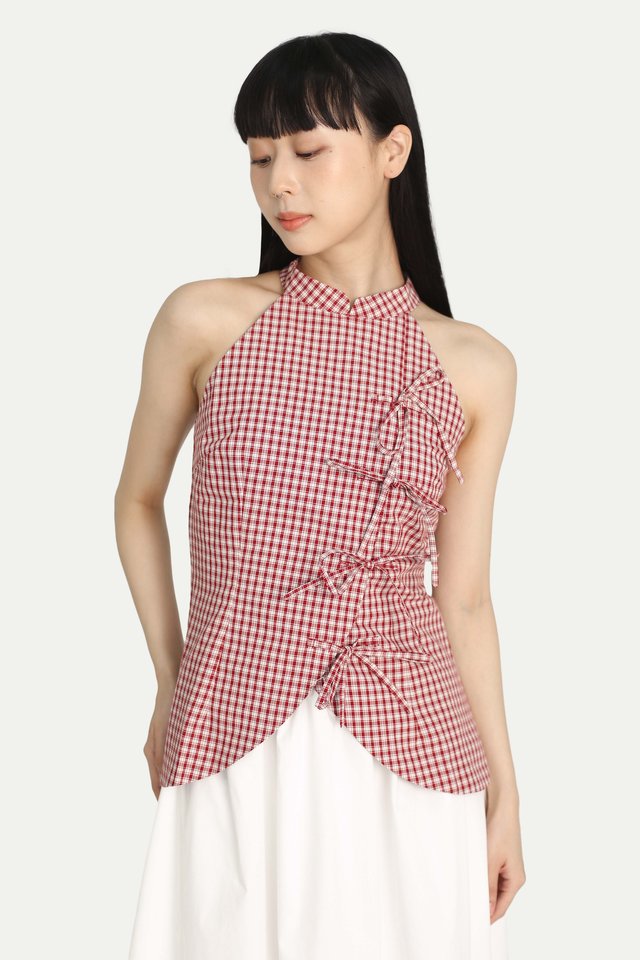 CLAUDETTE RIBBON CHEONGSAM TOP IN RED CHECKS