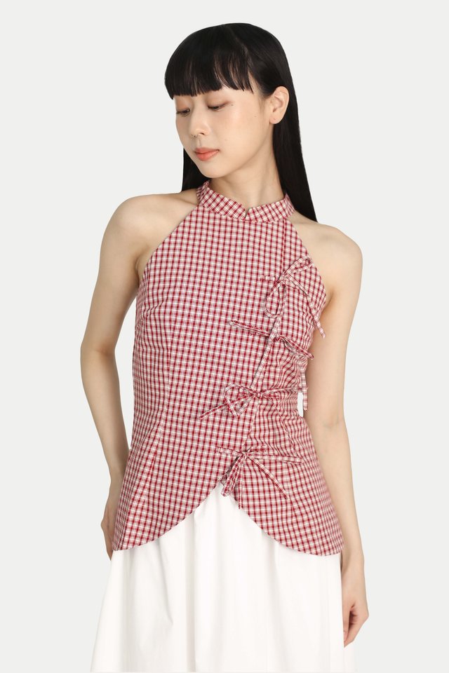 CLAUDETTE RIBBON CHEONGSAM TOP IN RED CHECKS