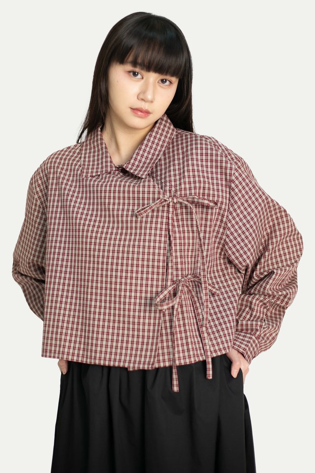 YUKI DOUBLE-BREASTED RIBBON CROP SHIRT IN BERRY CHECKS