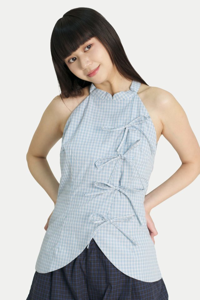 CLAUDETTE RIBBON CHEONGSAM TOP IN SKY CHECKS