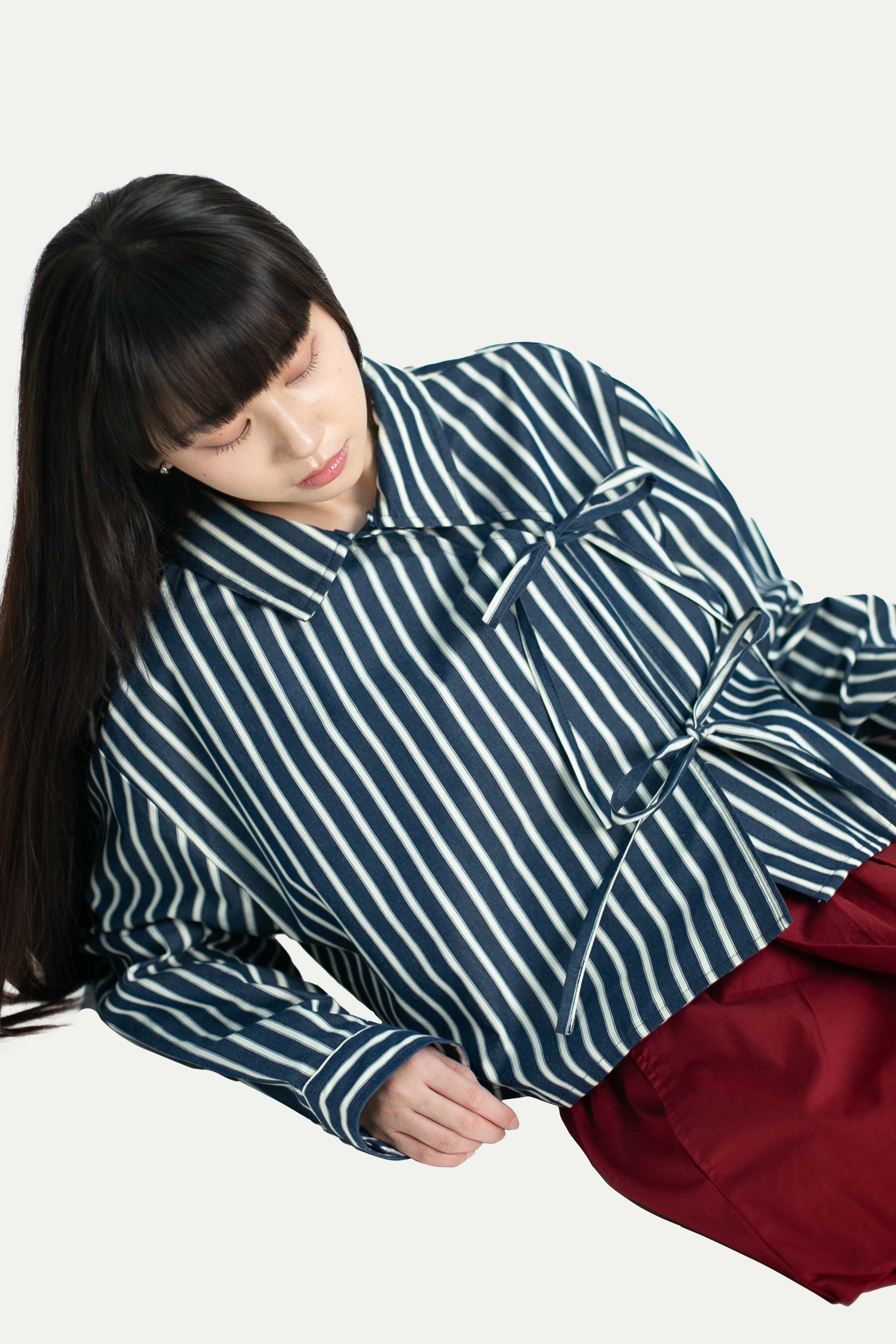 YUKI DOUBLE-BREASTED RIBBON CROP SHIRT IN NAVY STRIPES