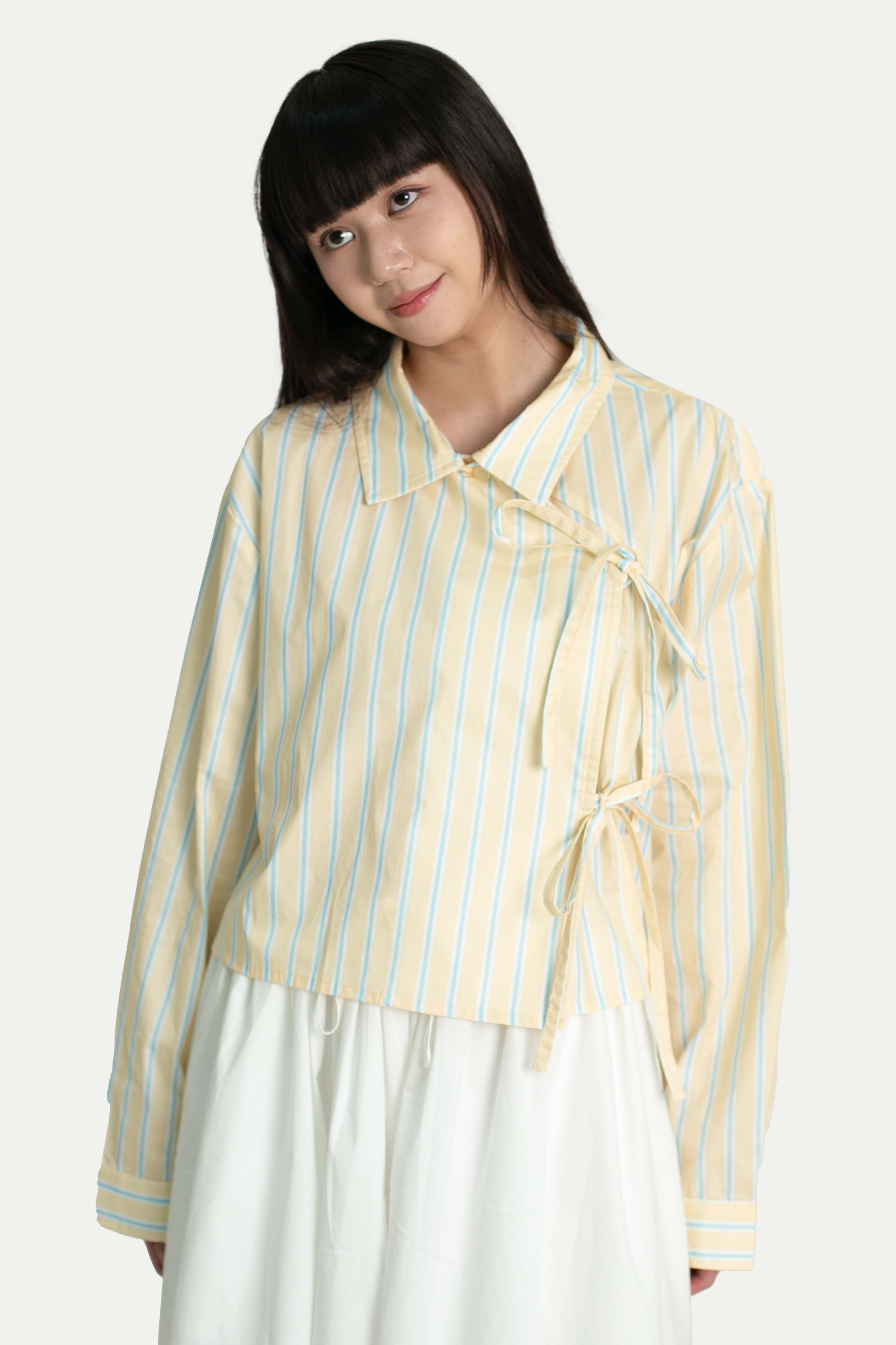 YUKI DOUBLE-BREASTED RIBBON CROP SHIRT IN BUTTER STRIPES