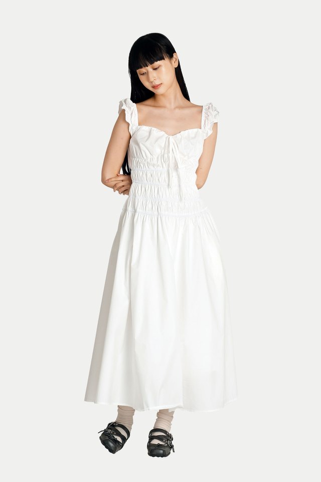 DELILAH MAXI RUCHED DRESS IN WHITE