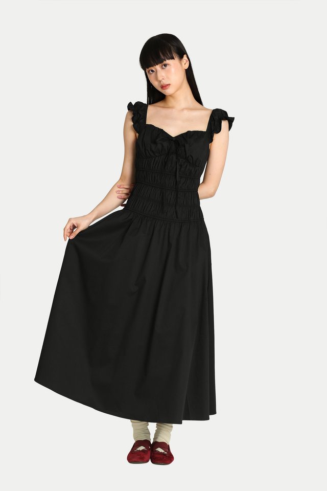 DELILAH MAXI RUCHED DRESS IN BLACK