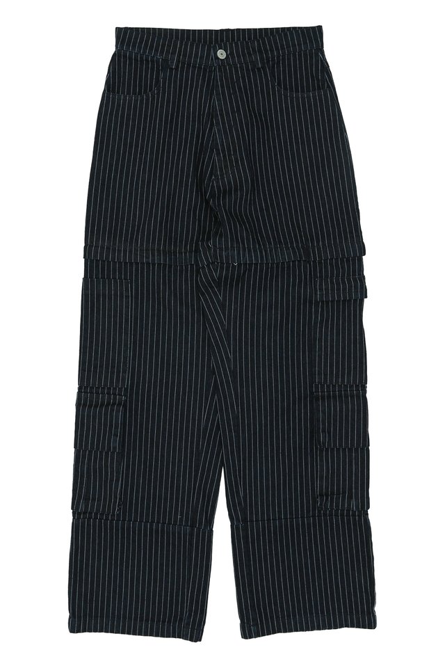 EDRIC HICKORY STRIPED CONVERTIBLE CARGO TROUSERS IN DARK WASH