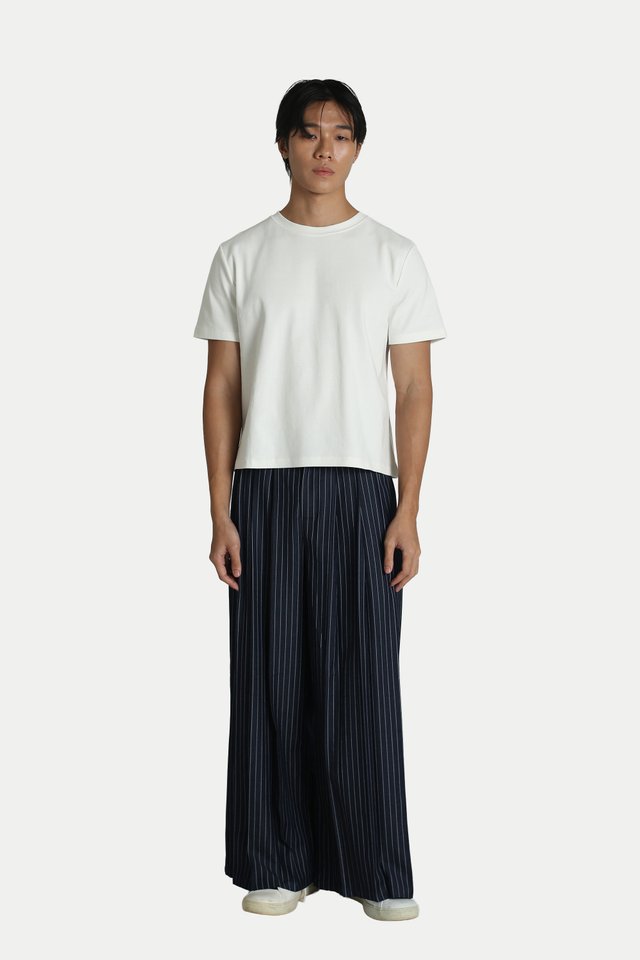 ROLFE PINSTRIPED TRIPLE PLEAT TROUSERS IN NAVY