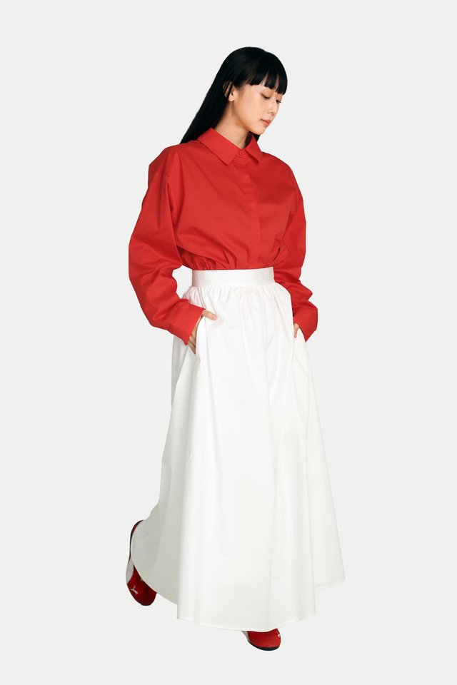 MADLYN MIDI GATHER SKIRT IN WHITE
