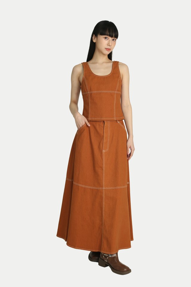 JADEN DENIM FLARE SKIRT IN GINGER