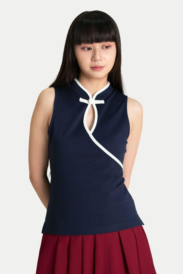 LOUELLA CHEONGSAM JERSEY TOP IN NAVY