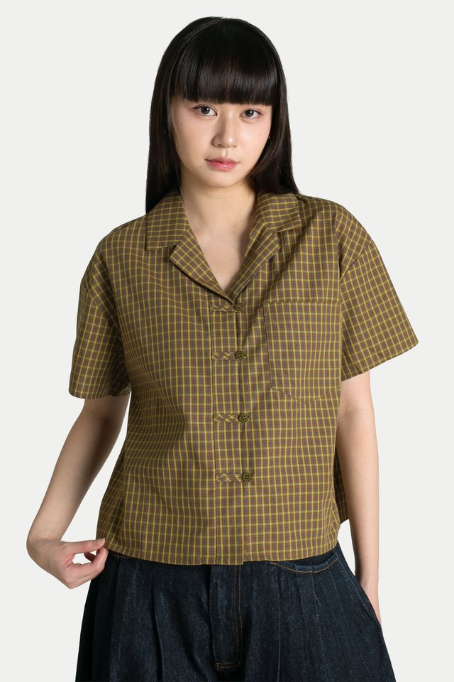 YUE CHEONGSAM SHORT SLEEVE SHIRT IN OLIVE CHECKS