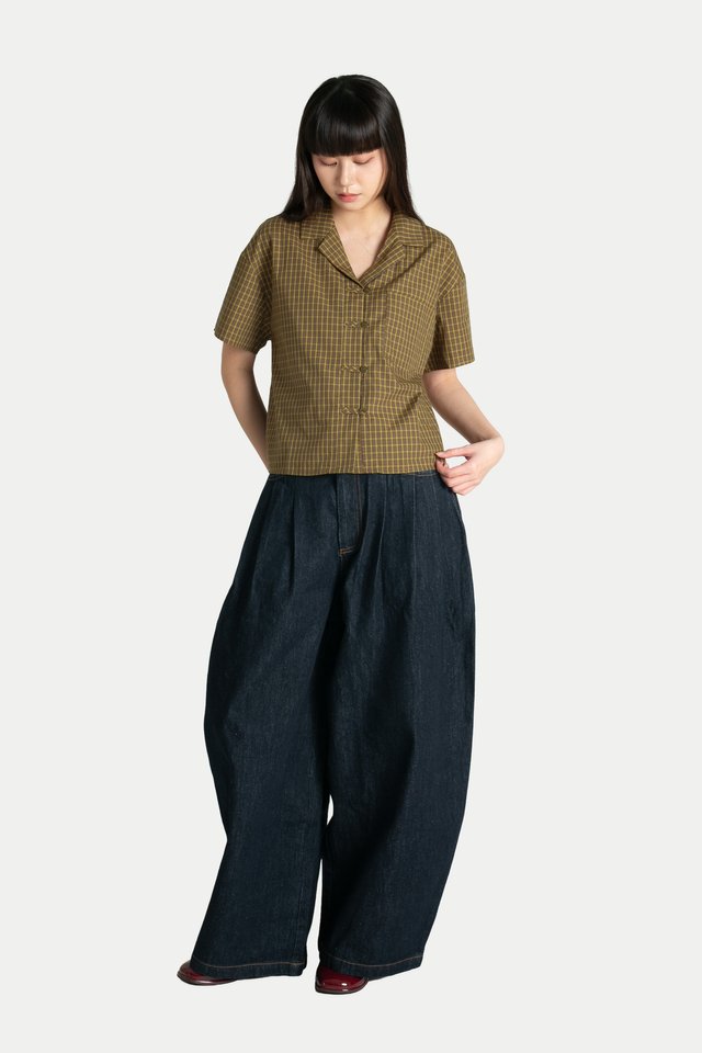 YUE CHEONGSAM SHORT SLEEVE SHIRT IN OLIVE CHECKS