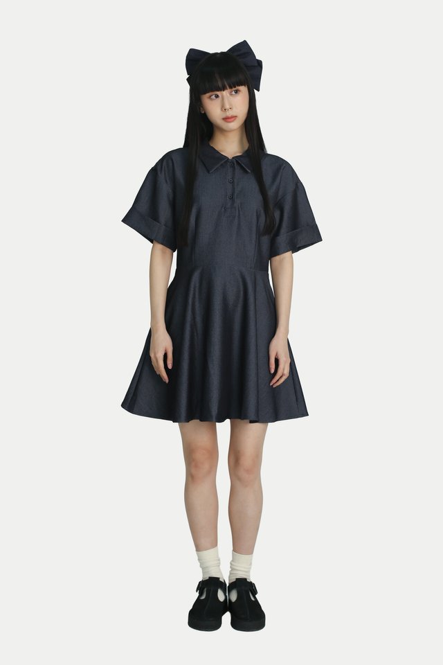 LILY SHIRT ROMPER DRESS IN DARK WASH