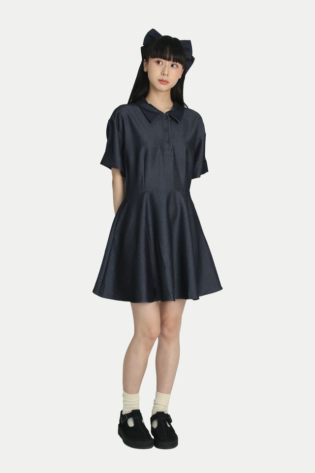 LILY SHIRT ROMPER DRESS IN DARK WASH