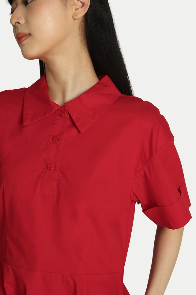 LILY SHIRT ROMPER DRESS IN RED