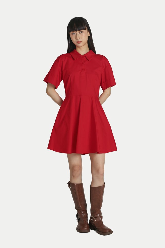 LILY SHIRT ROMPER DRESS IN RED