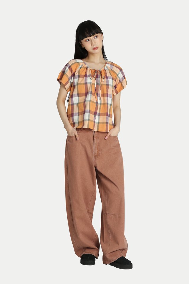 CLARA CHECKERED FLARE TOP IN TANGERINE