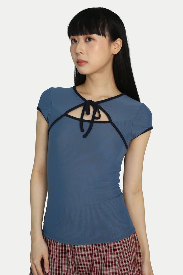 JENA MESH CUT-OUT TOP IN BLUEBERRY