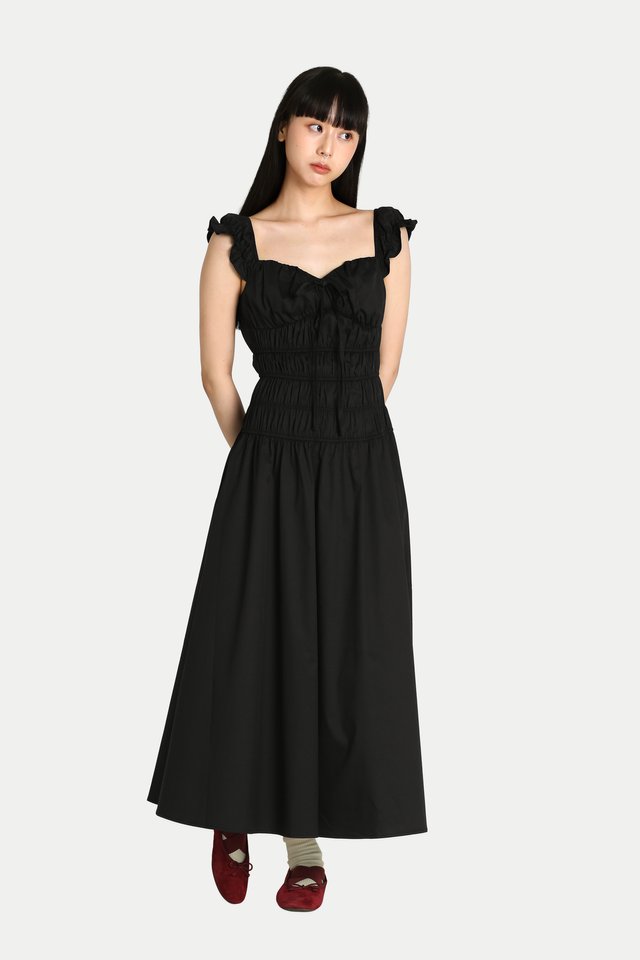 DELILAH MAXI RUCHED DRESS IN BLACK
