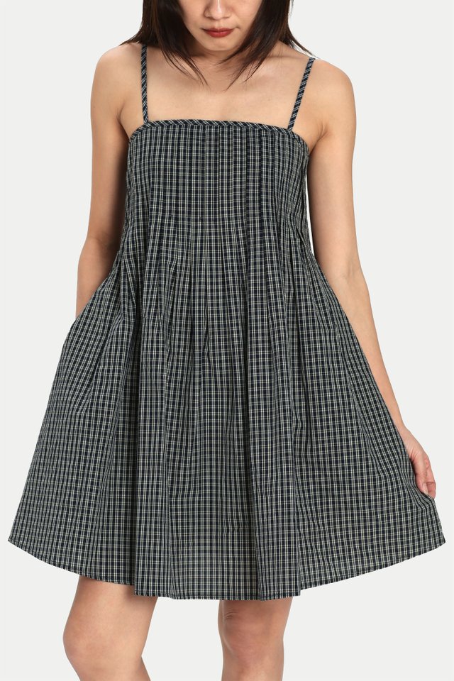 BLOSSOM PLEATED ROMPER DRESS IN NAVY CHECKS
