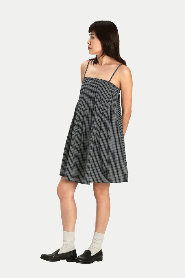 BLOSSOM PLEATED ROMPER DRESS IN NAVY CHECKS