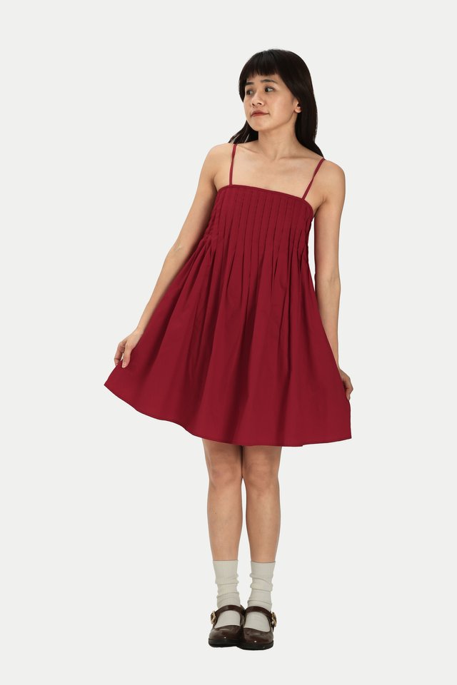 BLOSSOM PLEATED ROMPER DRESS IN POPPY RED