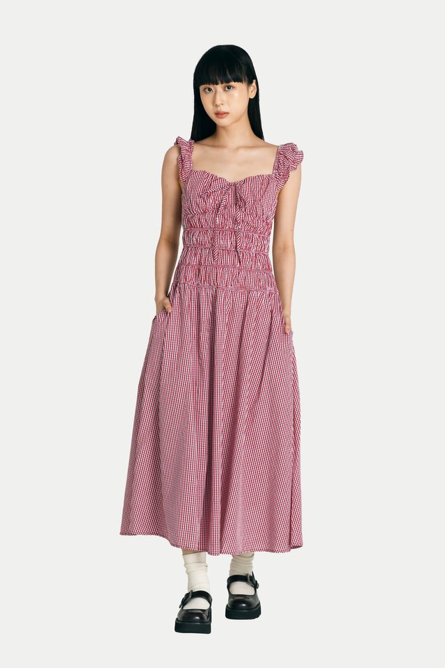 DELILAH MAXI RUCHED DRESS IN RED GINGHAM