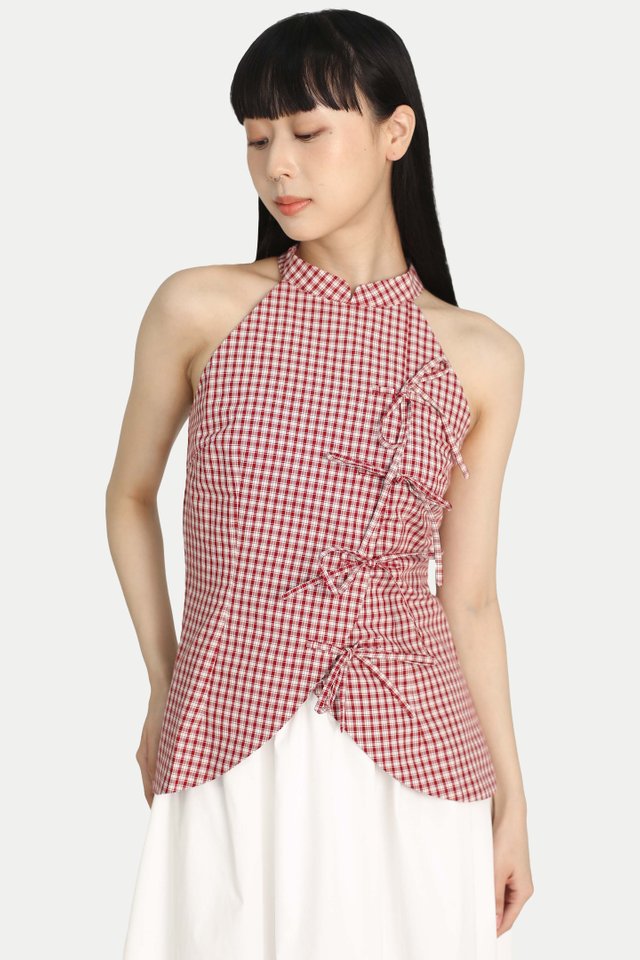 CLAUDETTE RIBBON CHEONGSAM TOP IN RED CHECKS