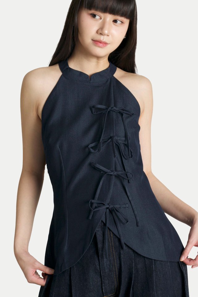 CLAUDETTE RIBBON CHEONGSAM TOP IN DARK WASH