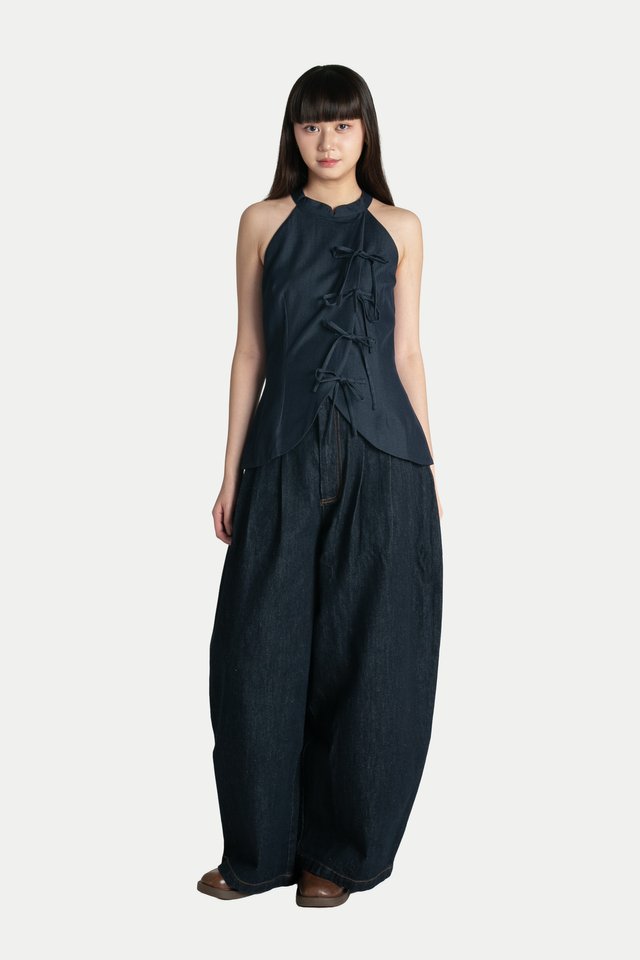 CLAUDETTE RIBBON CHEONGSAM TOP IN DARK WASH