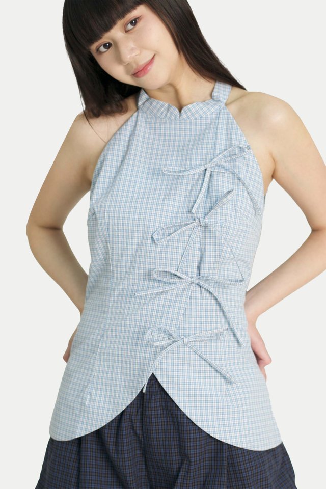 CLAUDETTE RIBBON CHEONGSAM TOP IN SKY CHECKS
