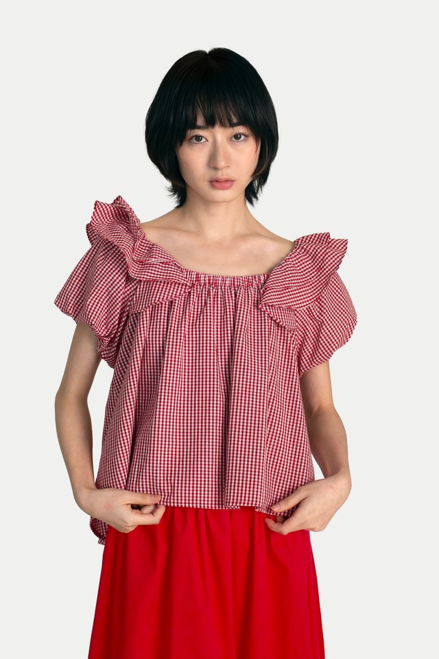 LEANA CLOUD FLARE TOP IN RED GINGHAM