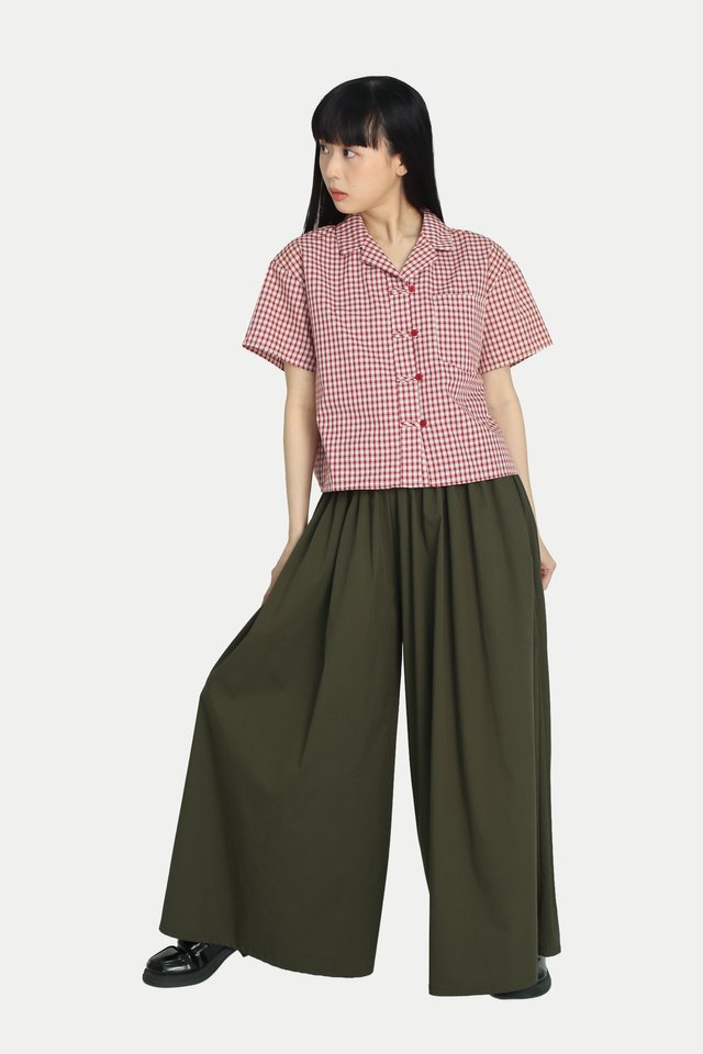 MELANY FLARE GATHER PANTS IN DARK OLIVE