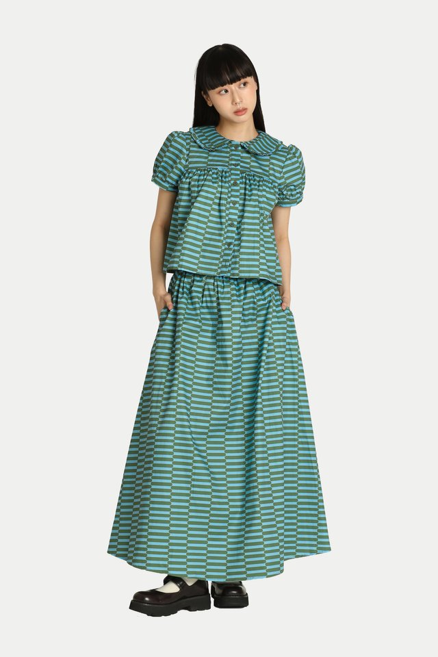 MADLYN “GROOVY” MIDI GATHER SKIRT IN GREEN/BLUE
