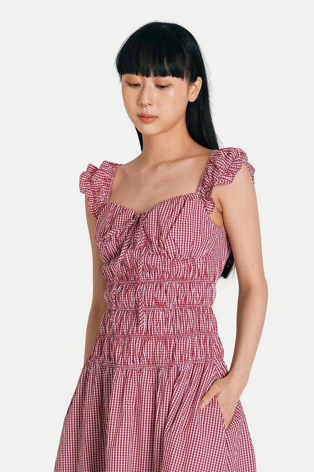 DELILAH MAXI RUCHED DRESS IN RED GINGHAM