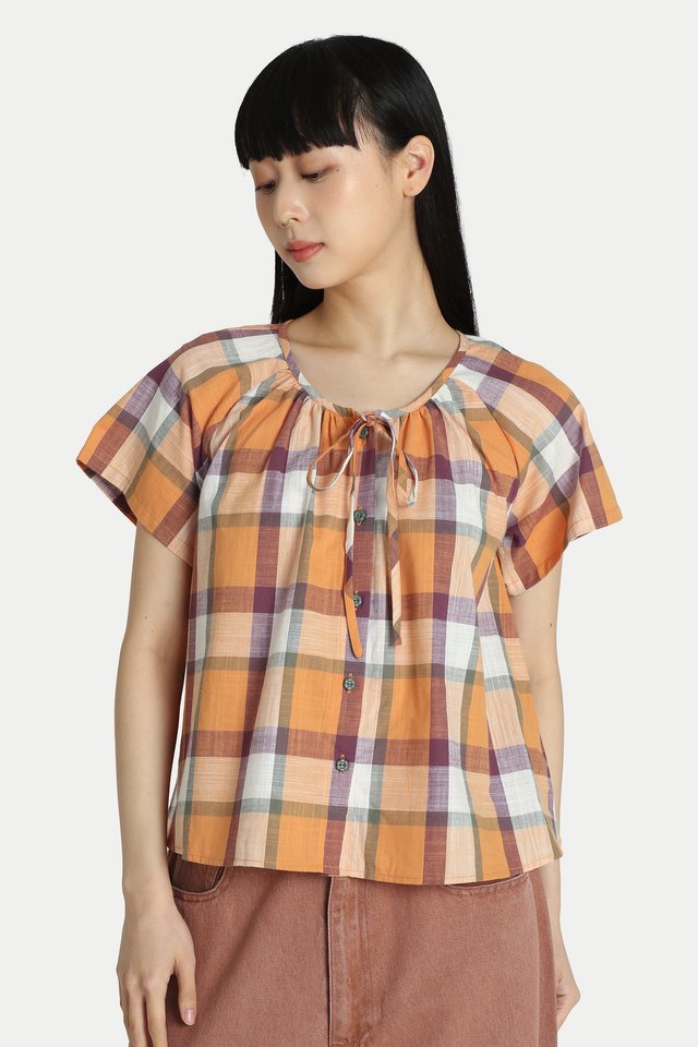 CLARA CHECKERED FLARE TOP IN TANGERINE