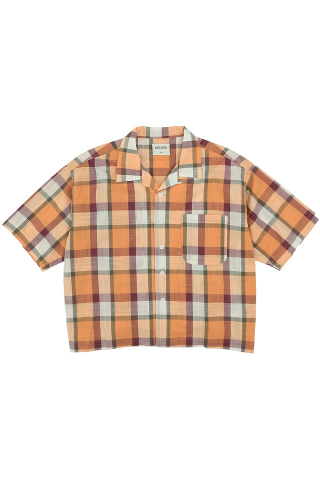MARLON CHECKED CAMP COLLAR SHIRT IN TANGERINE