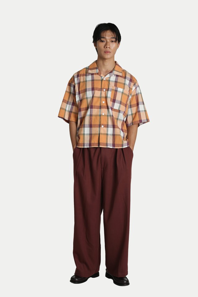 MARLON CHECKED CAMP COLLAR SHIRT IN TANGERINE