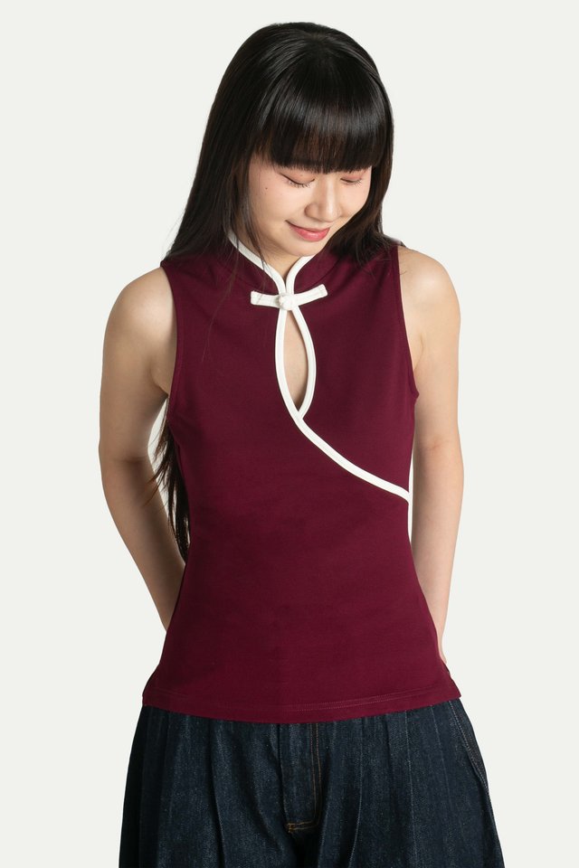 LOUELLA CHEONGSAM JERSEY TOP IN BERRY