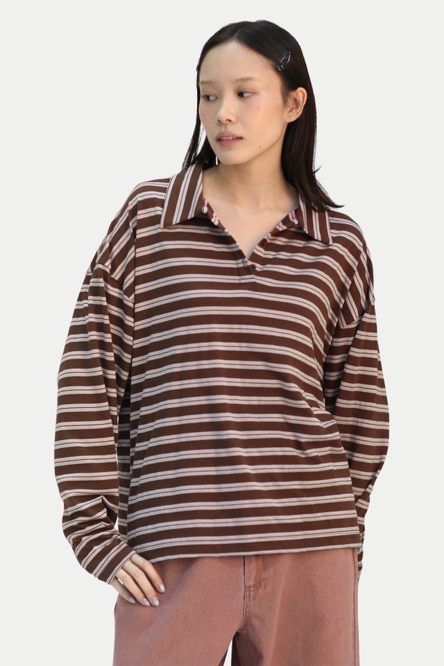 RAYELLE STRIPE LONG SLEEVE POLO SHIRT IN COCOA