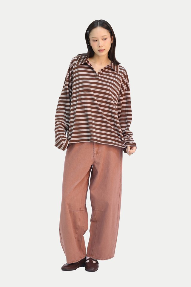 RAYELLE STRIPE LONG SLEEVE POLO SHIRT IN COCOA