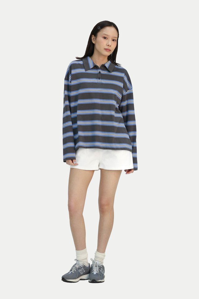 RAYELLE STRIPE LONG SLEEVE POLO SHIRT IN CHARCOAL