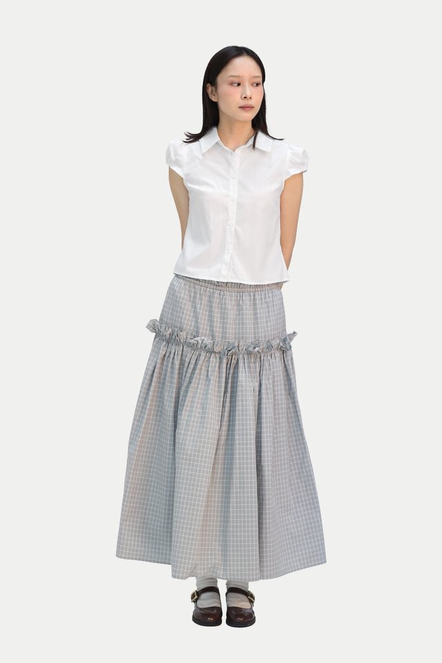 CLOVER FRILL GATHERED SKIRT IN GREIGE CHECKS