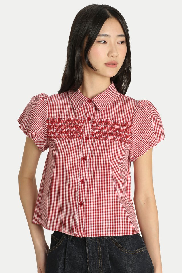 TESSA SHIRRED PUFF SLEEVE TOP IN RED GINGHAM