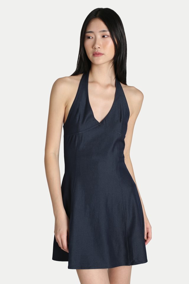 ANNIE HALTER ROMPER DRESS IN DARK WASH