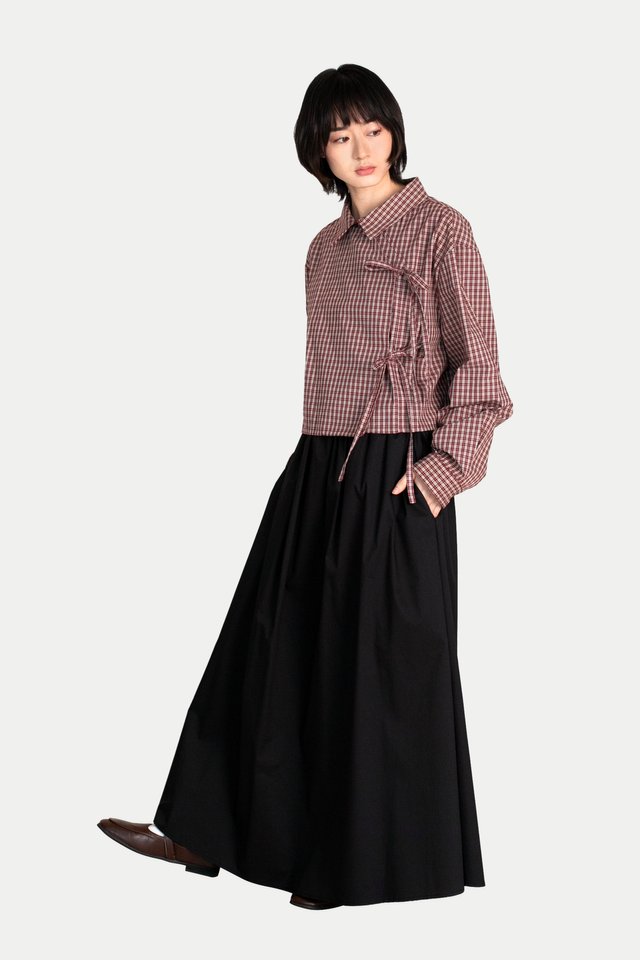 YUKI DOUBLE-BREASTED RIBBON CROP SHIRT IN BERRY CHECKS