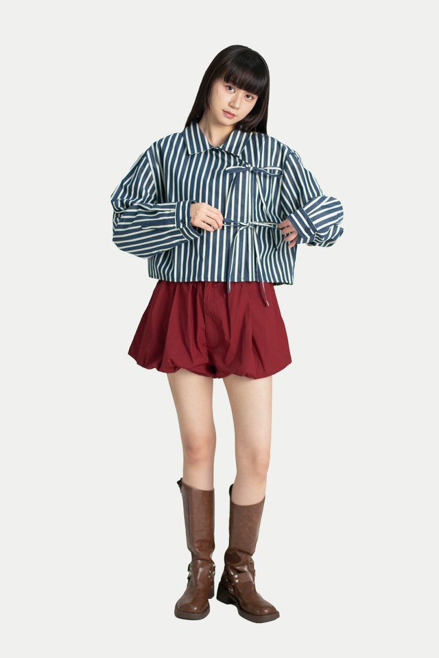 YUKI DOUBLE-BREASTED RIBBON CROP SHIRT IN NAVY STRIPES