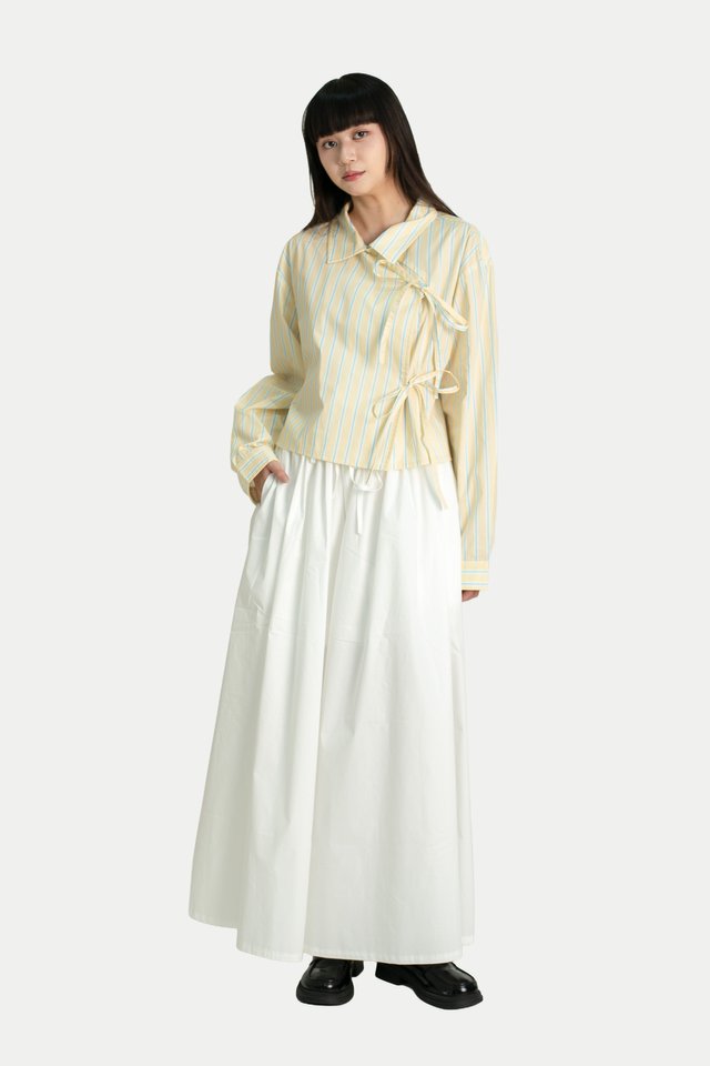 YUKI DOUBLE-BREASTED RIBBON CROP SHIRT IN BUTTER STRIPES