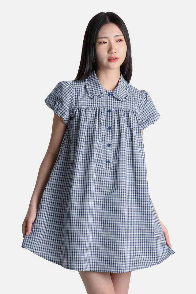 ELENA BABYDOLL ROMPER DRESS IN BLUE CHECKS